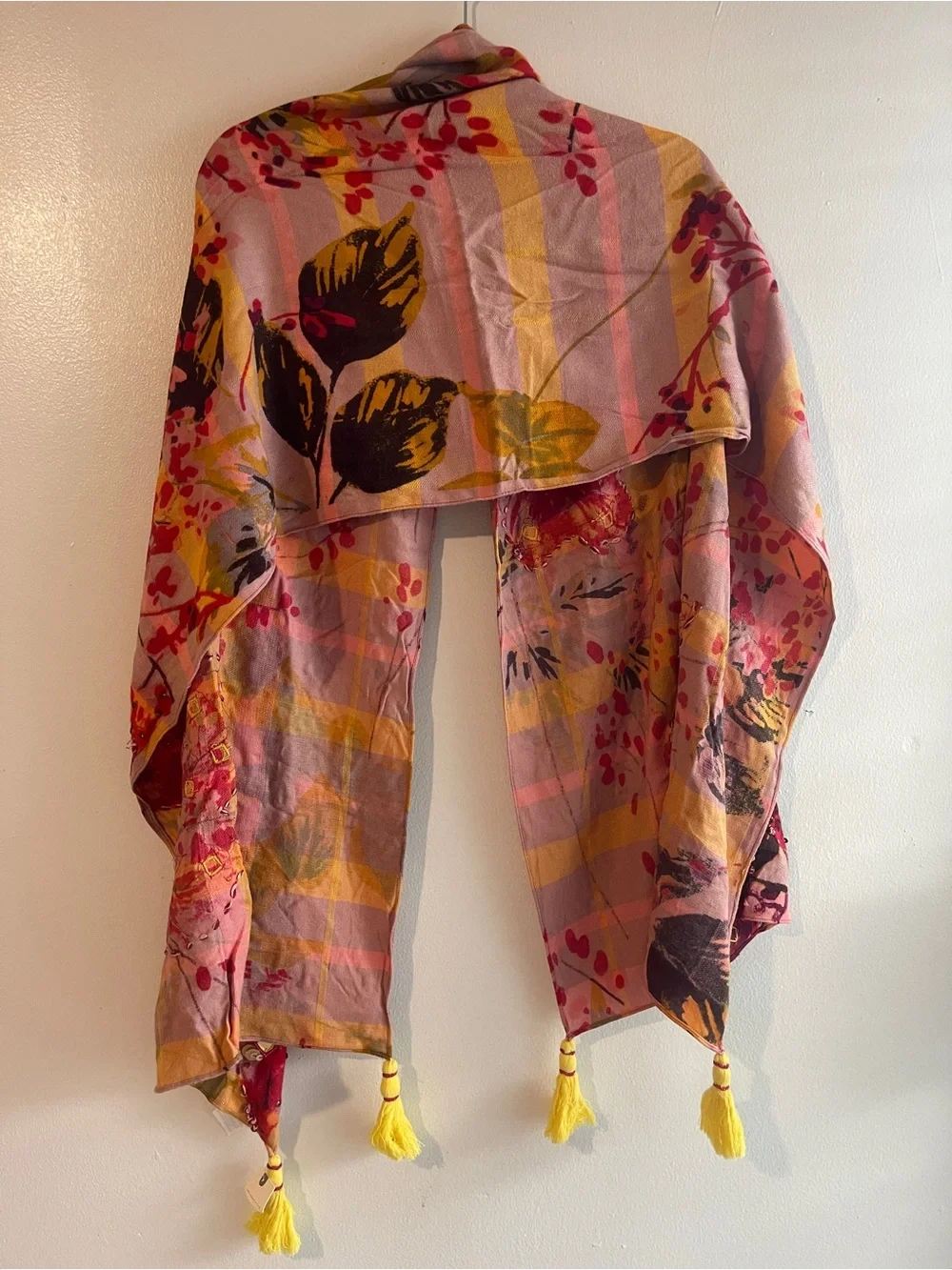 Anthropologie Sunshine Plaid Scarf Multicolor Floral Boho Embellish Tasseled
